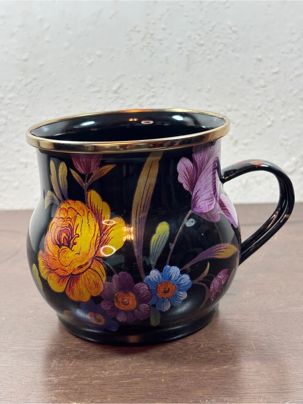 MacKenzie-Childs Black Floral Gold-Rimmed Mug